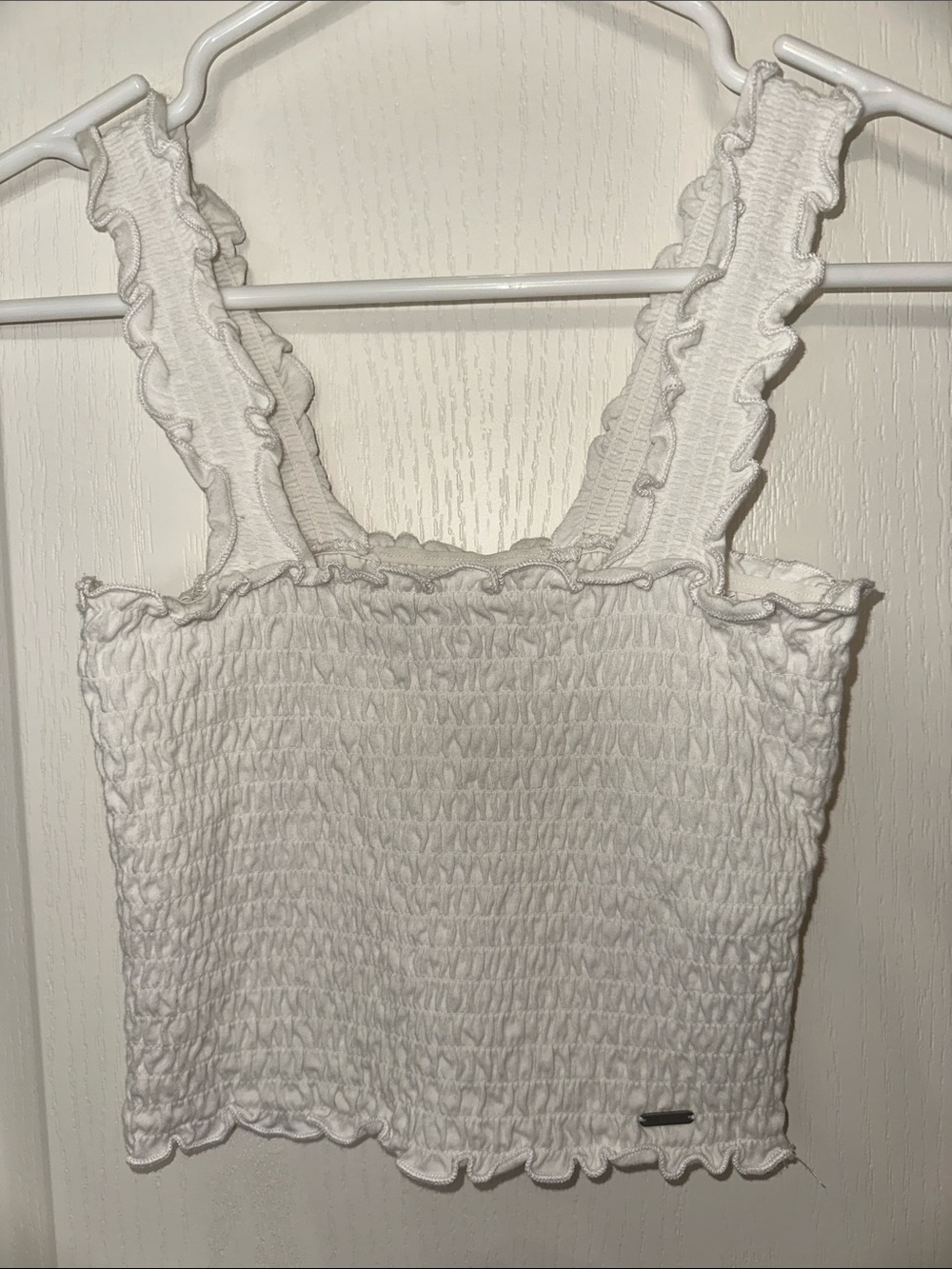 Hollister White Smocked Ruffle Strap Crop Top